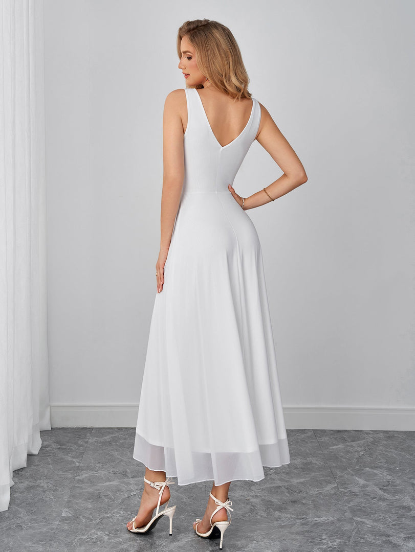 Deep V-Neck Backless Ruched Solid Mesh Dress | Prom Dress