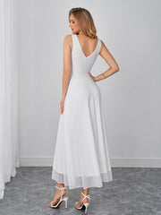 Deep V-Neck Backless Ruched Solid Mesh Dress | Prom Dress