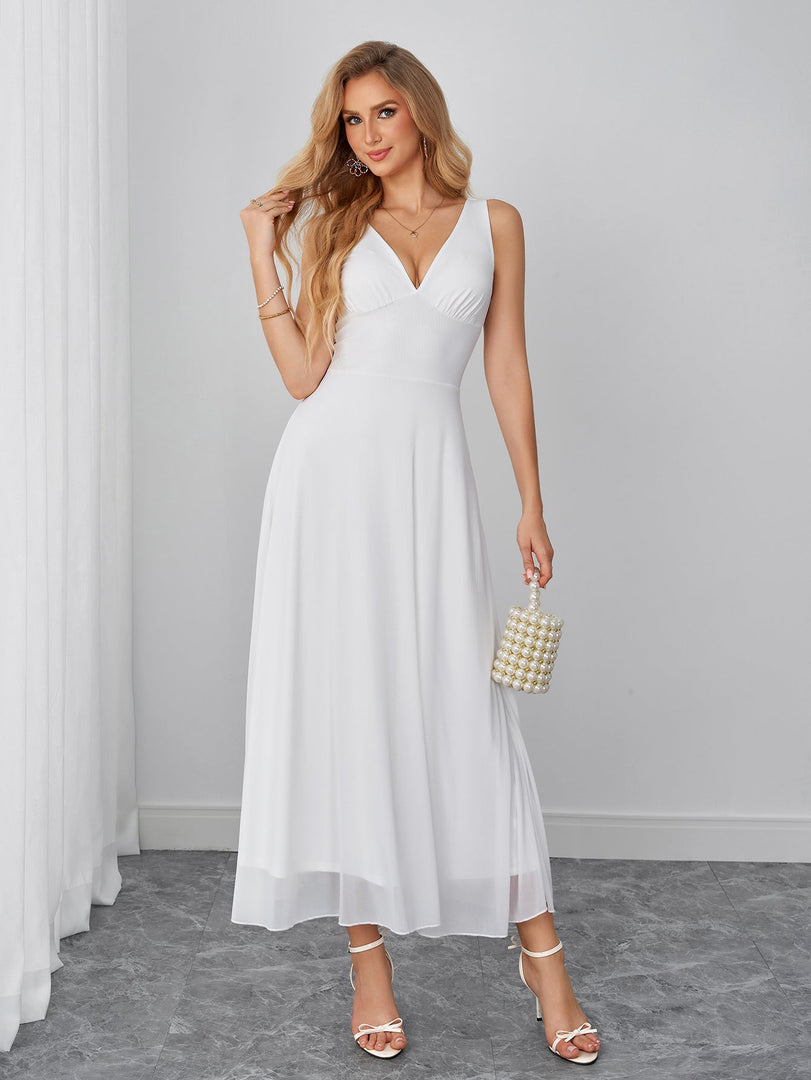 Deep V-Neck Backless Ruched Solid Mesh Dress | Prom Dress