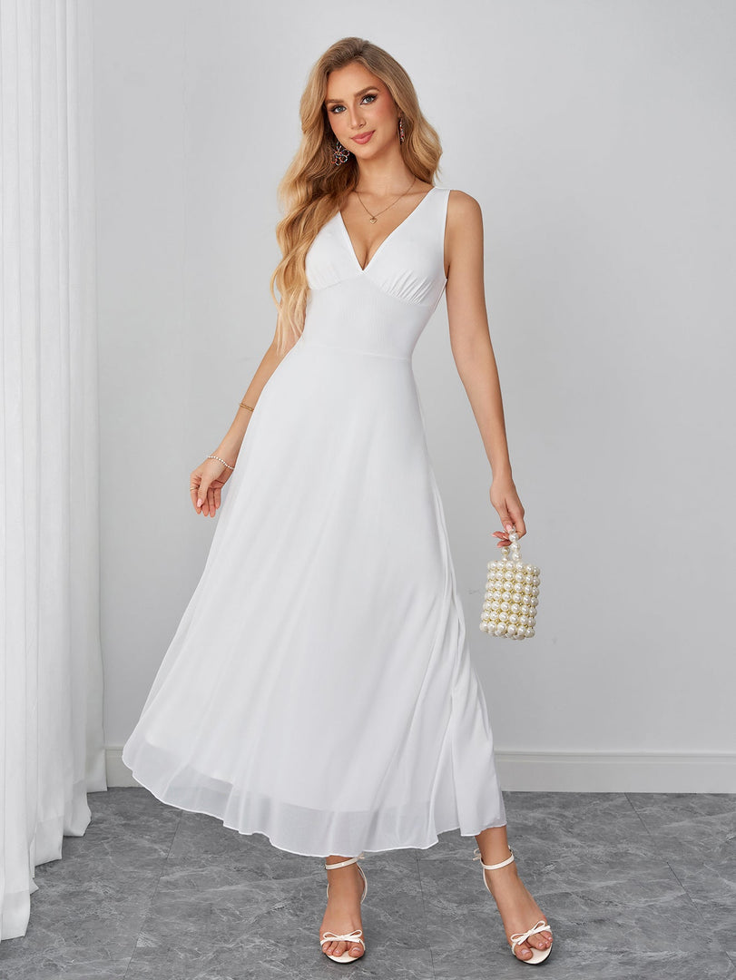 Deep V-Neck Backless Ruched Solid Mesh Dress | Prom Dress