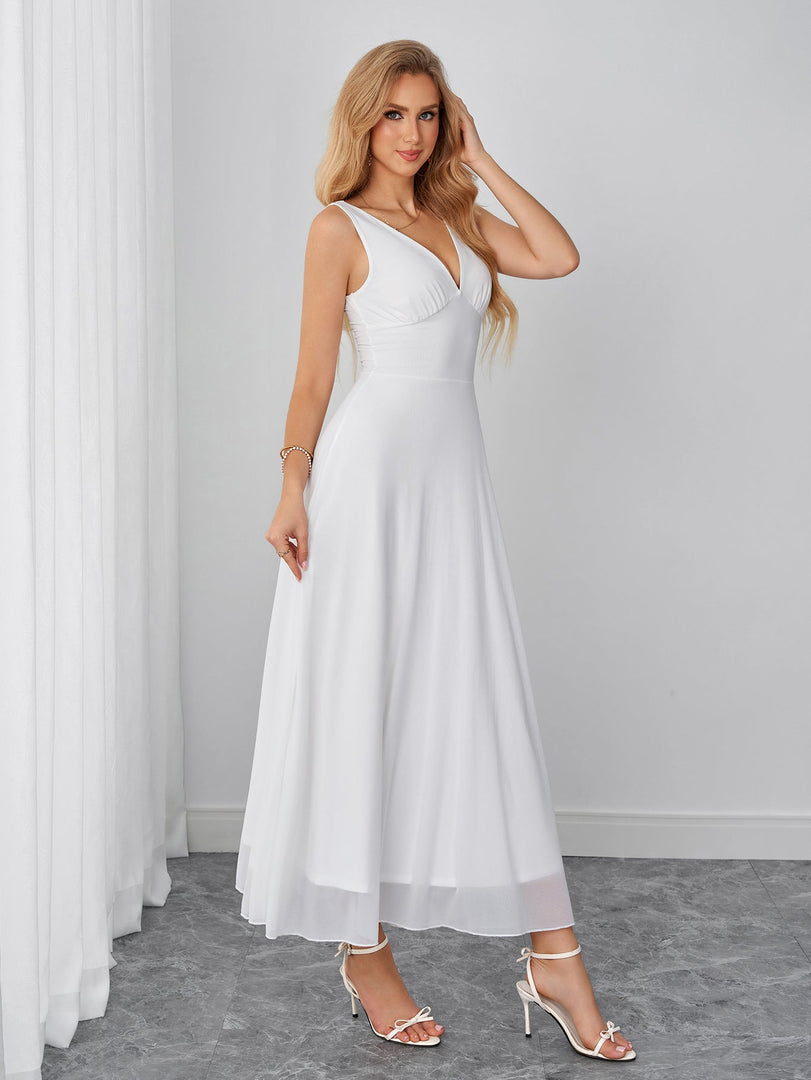 Deep V-Neck Backless Ruched Solid Mesh Dress | Prom Dress
