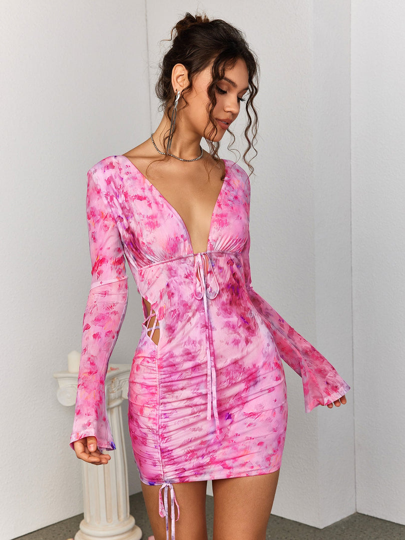 Deep V-Neck Backless Tie Floral Dress | Wedding Guest Dress, Vacation Dress
