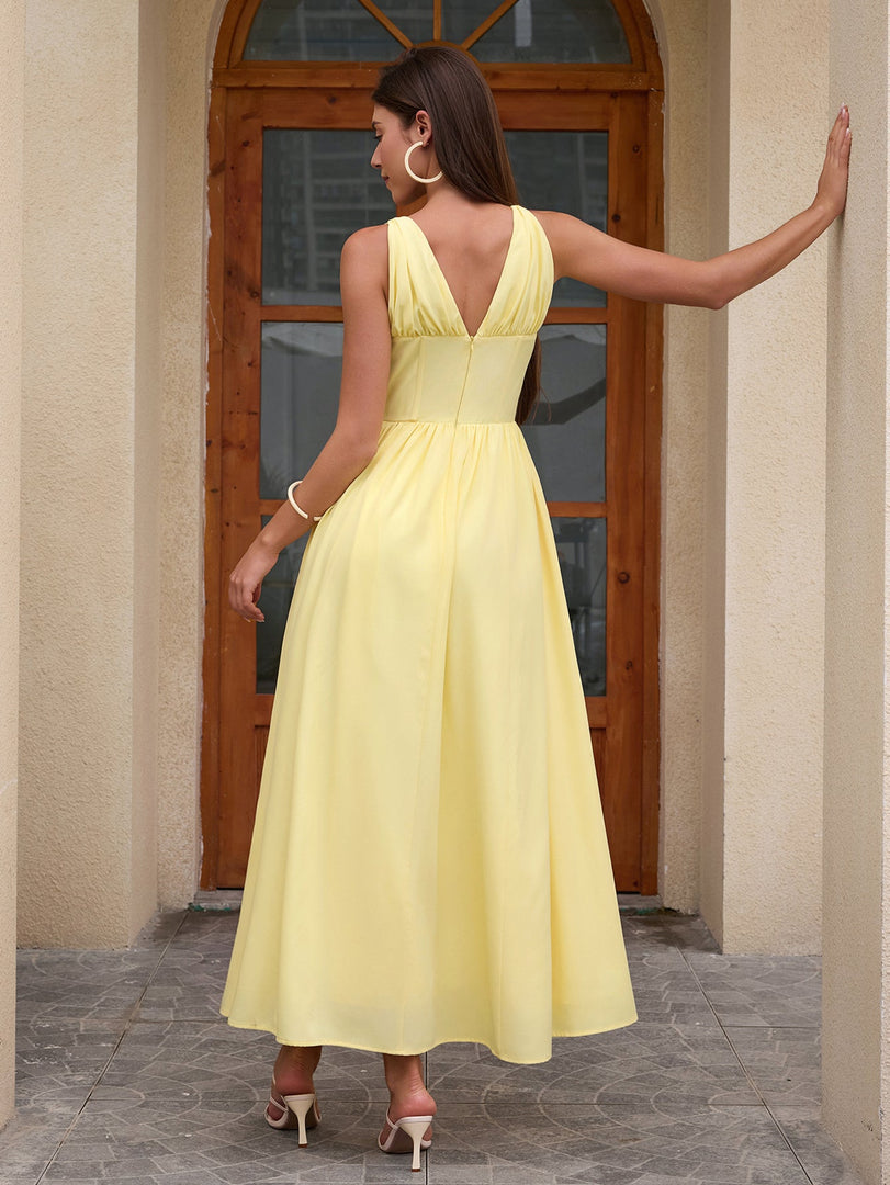 Deep V-Neck Bow Tie Ruched Corset Dress with Pockets | Prom Dress