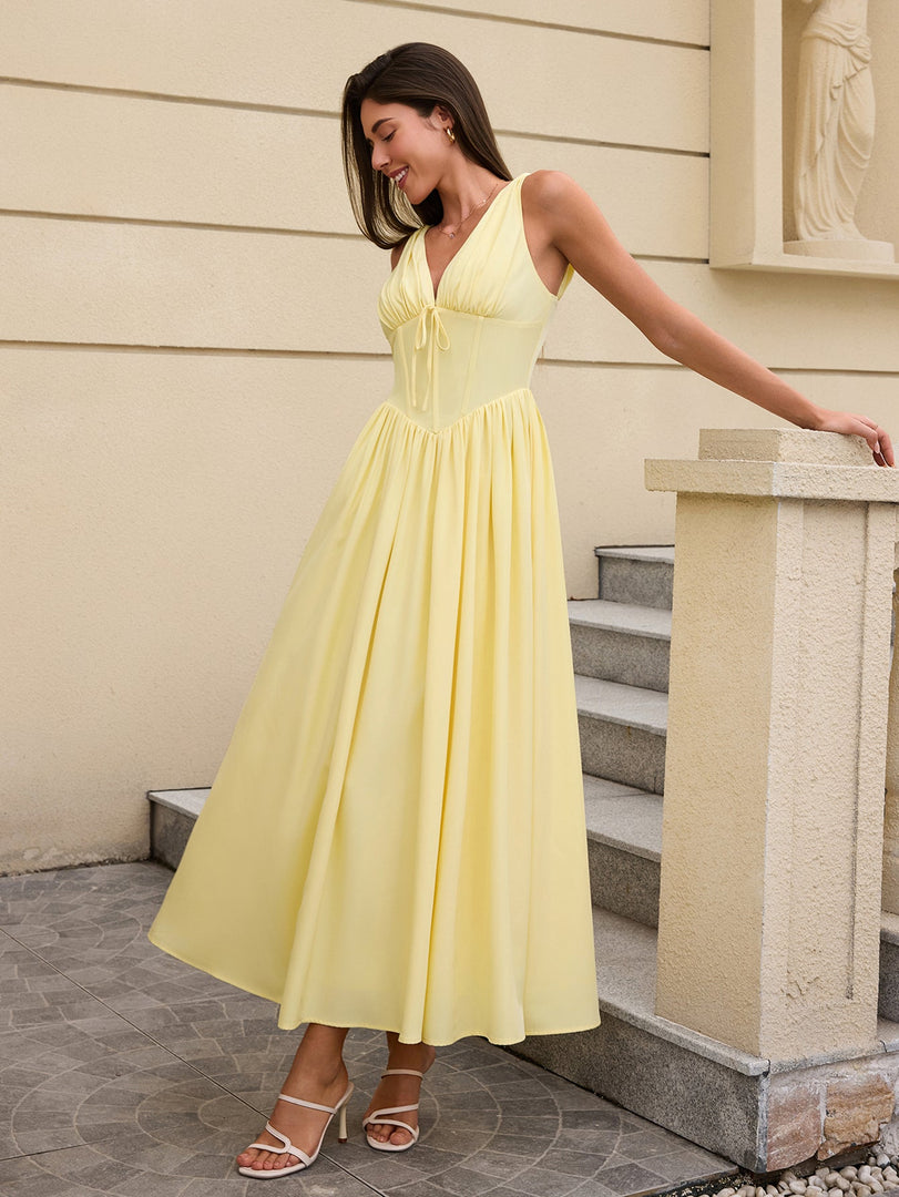Deep V-Neck Bow Tie Ruched Corset Dress with Pockets | Prom Dress