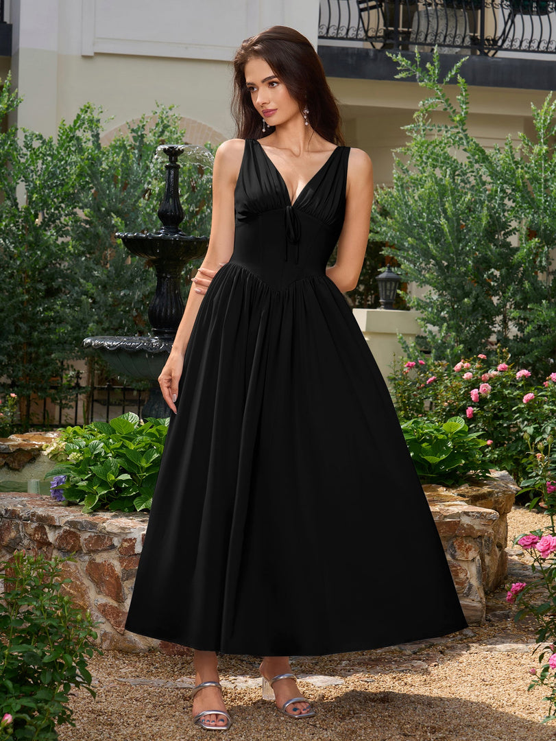 Deep V-Neck Bow Tie Ruched Corset Dress with Pockets | Prom Dress