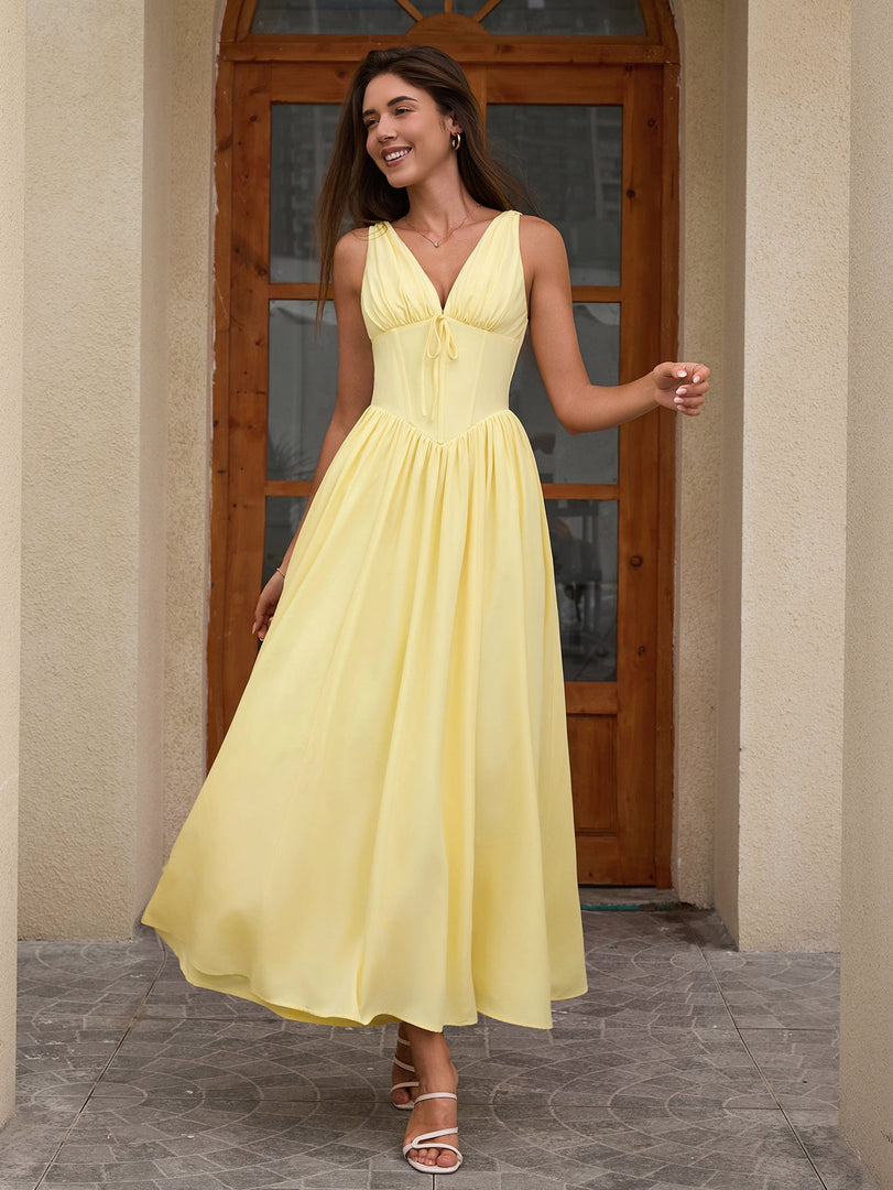 Deep V-Neck Bow Tie Ruched Corset Dress with Pockets | Prom Dress