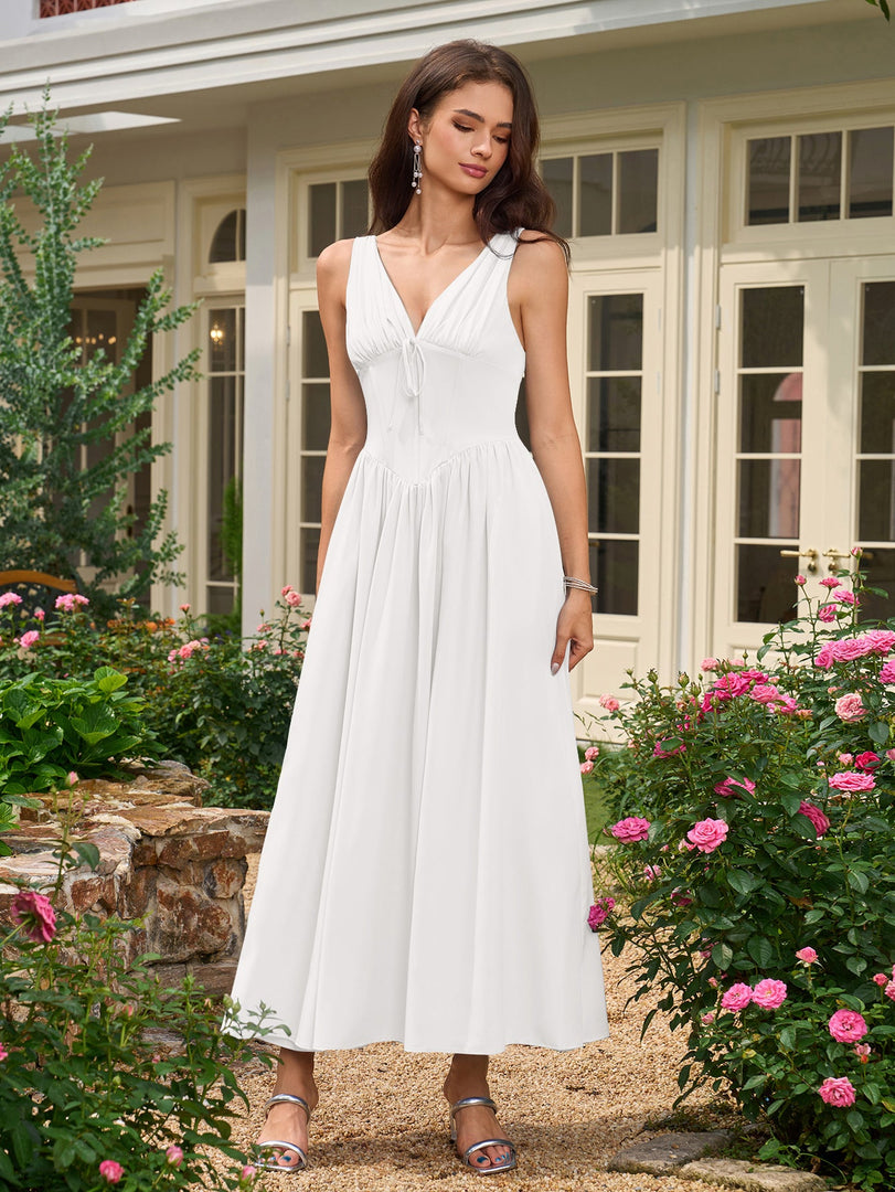 Deep V-Neck Bow Tie Ruched Corset Dress with Pockets | Prom Dress