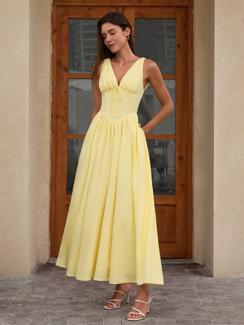 Deep V-Neck Bow Tie Ruched Corset Dress with Pockets | Prom Dress