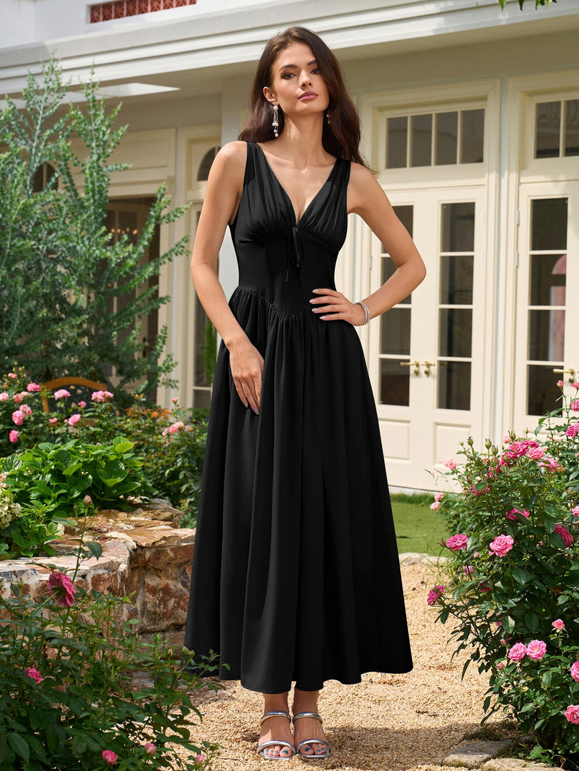 Deep V-Neck Bow Tie Ruched Corset Dress with Pockets | Prom Dress