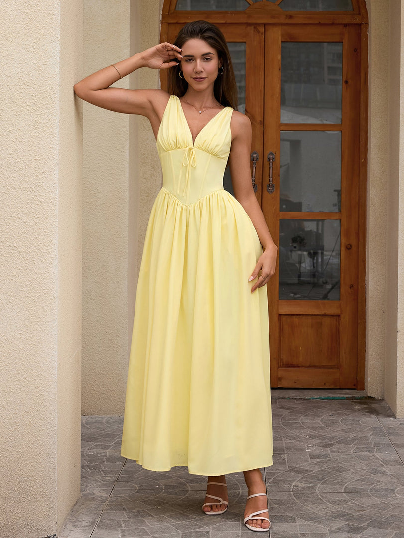 Deep V-Neck Bow Tie Ruched Corset Dress with Pockets | Prom Dress
