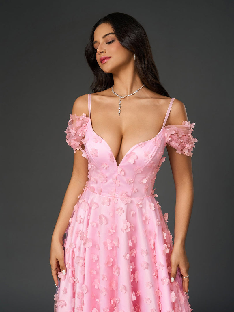 Deep V-Neck Crisscross Back Floral Applique Decoration Prom Dress | Prom Dress, Wedding Guest Dress