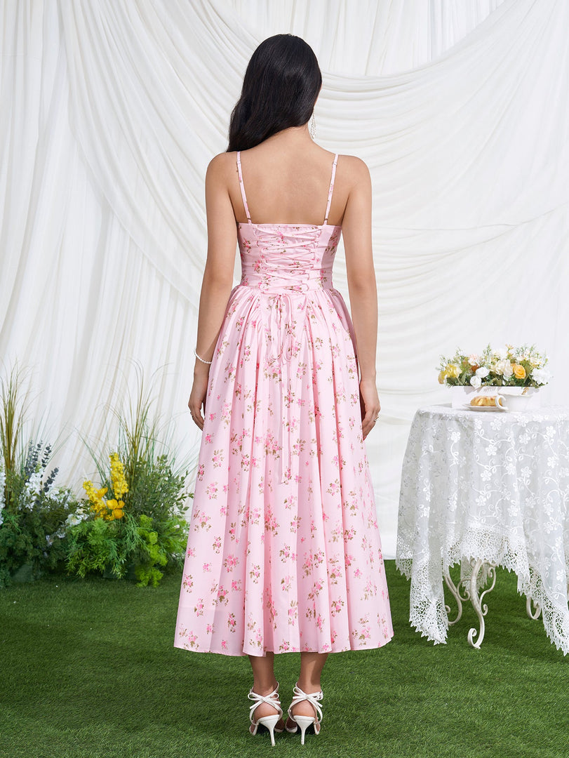 Deep V-Neck Crisscross Back Floral Print Dress | Wedding Guest Dress, Vacation Dress