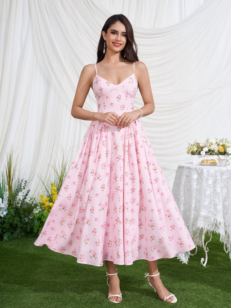 Deep V-Neck Crisscross Back Floral Print Dress | Wedding Guest Dress, Vacation Dress
