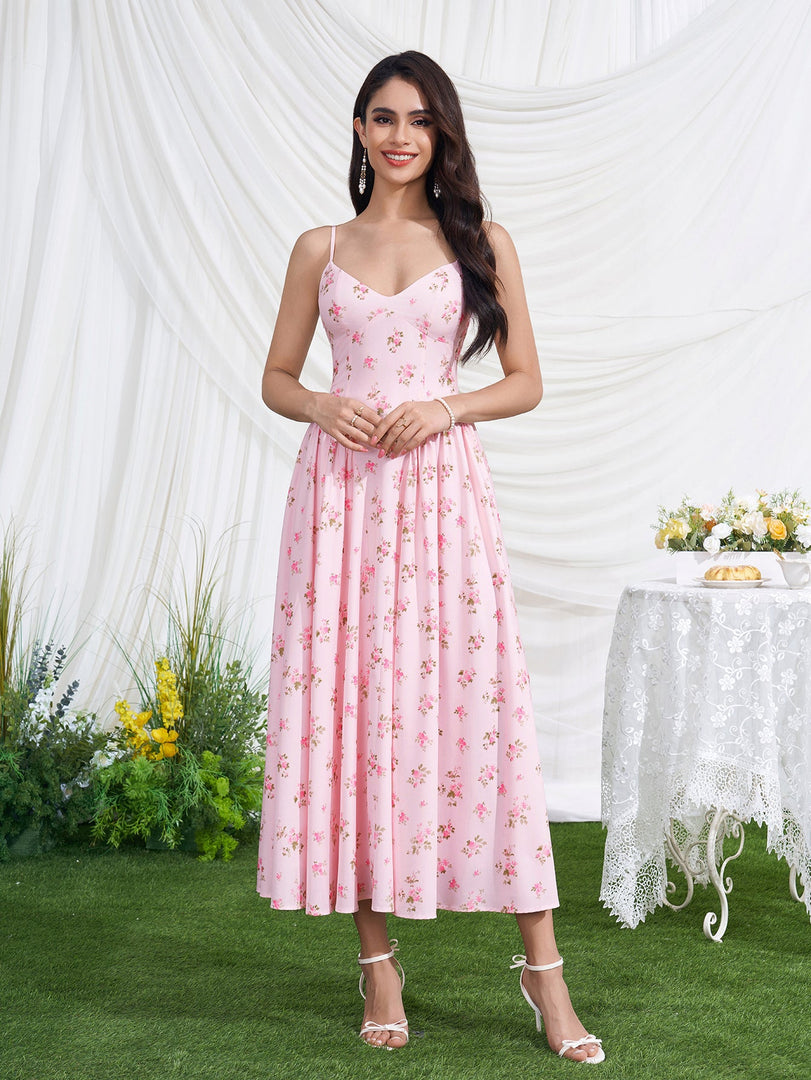 Deep V-Neck Crisscross Back Floral Print Dress | Wedding Guest Dress, Vacation Dress