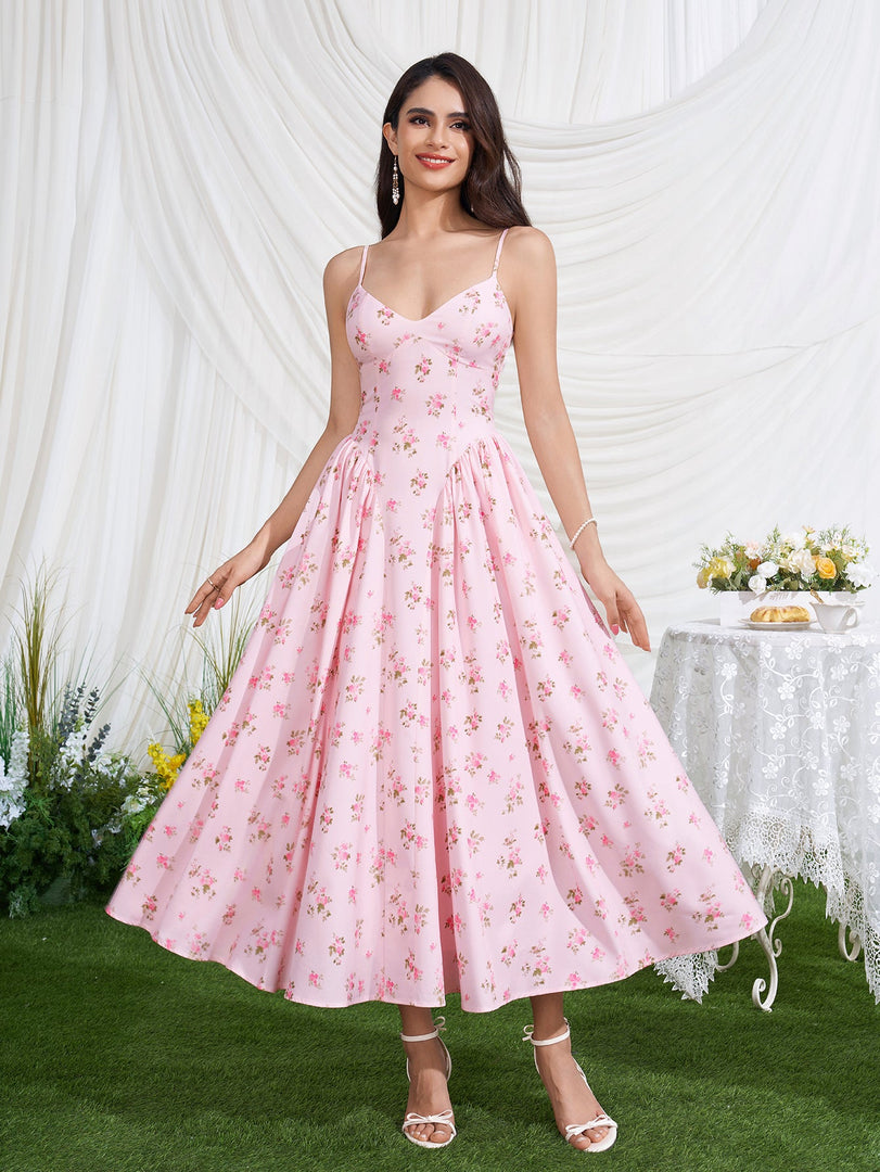 Deep V-Neck Crisscross Back Floral Print Dress | Wedding Guest Dress, Vacation Dress