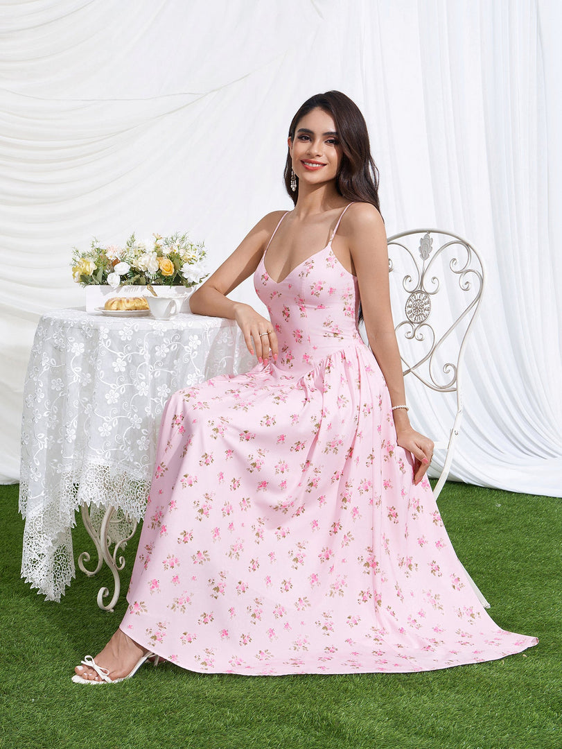 Deep V-Neck Crisscross Back Floral Print Dress | Wedding Guest Dress, Vacation Dress
