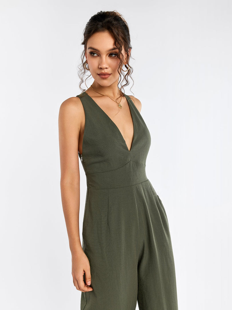 Deep V-Neck Crisscross Back Pocket Jumpsuit | Wedding Guest Jumpsuit