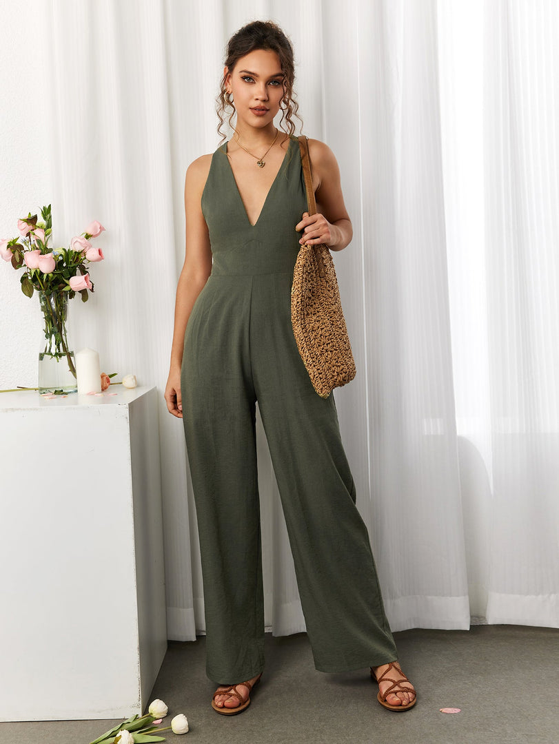 Deep V-Neck Crisscross Back Pocket Jumpsuit | Wedding Guest Jumpsuit