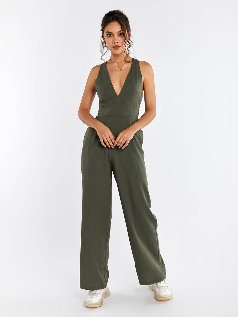 Deep V-Neck Crisscross Back Pocket Jumpsuit | Wedding Guest Jumpsuit