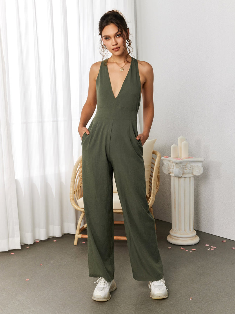 Deep V-Neck Crisscross Back Pocket Jumpsuit | Wedding Guest Jumpsuit
