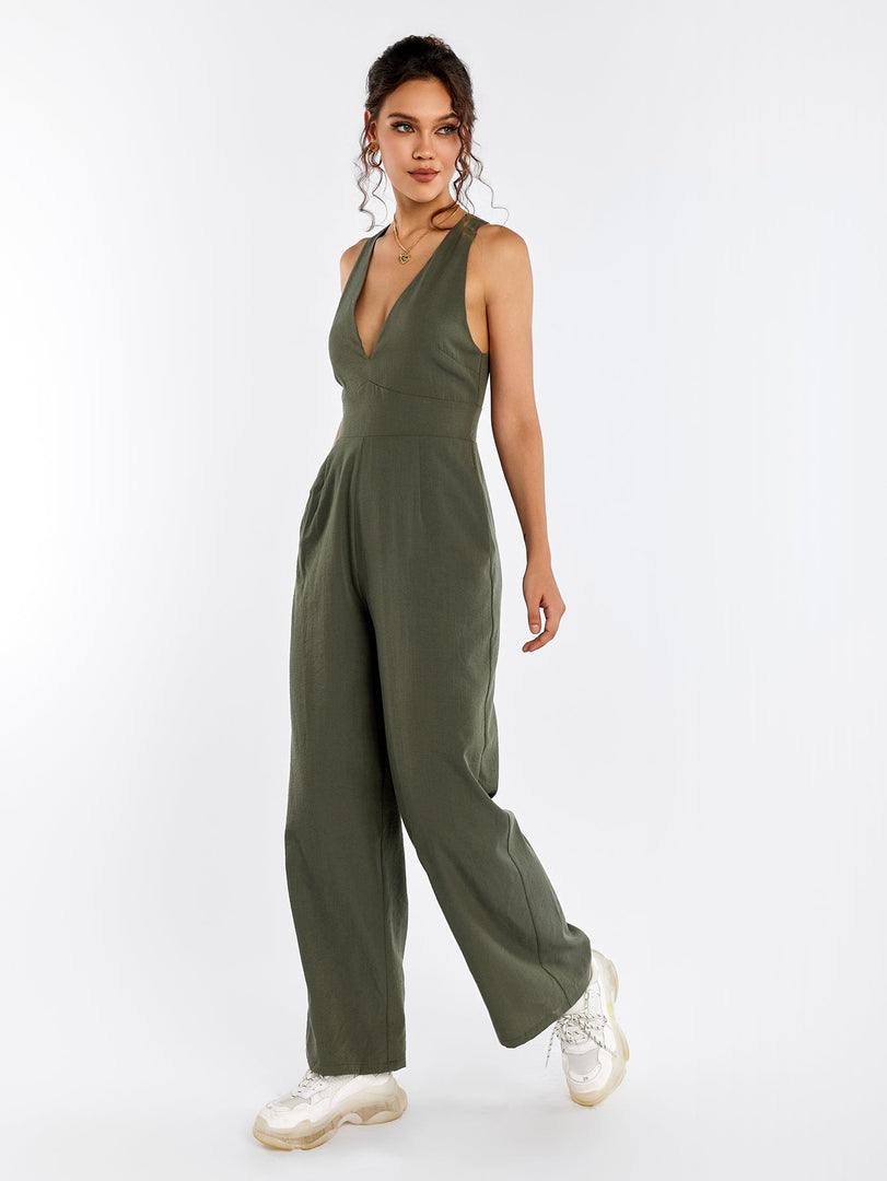 Deep V-Neck Crisscross Back Pocket Jumpsuit | Wedding Guest Jumpsuit