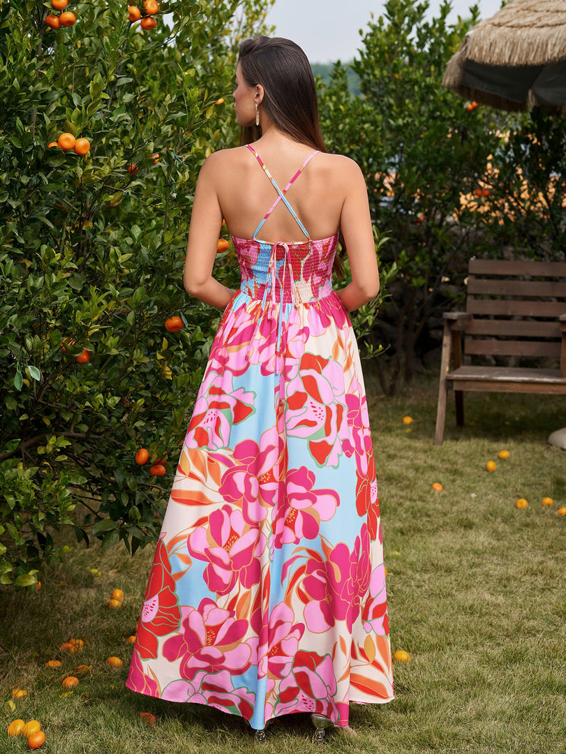 Deep V-Neck Crisscross Tie Back Floral Print Dress | Wedding Guest Dress, Vacation Dress