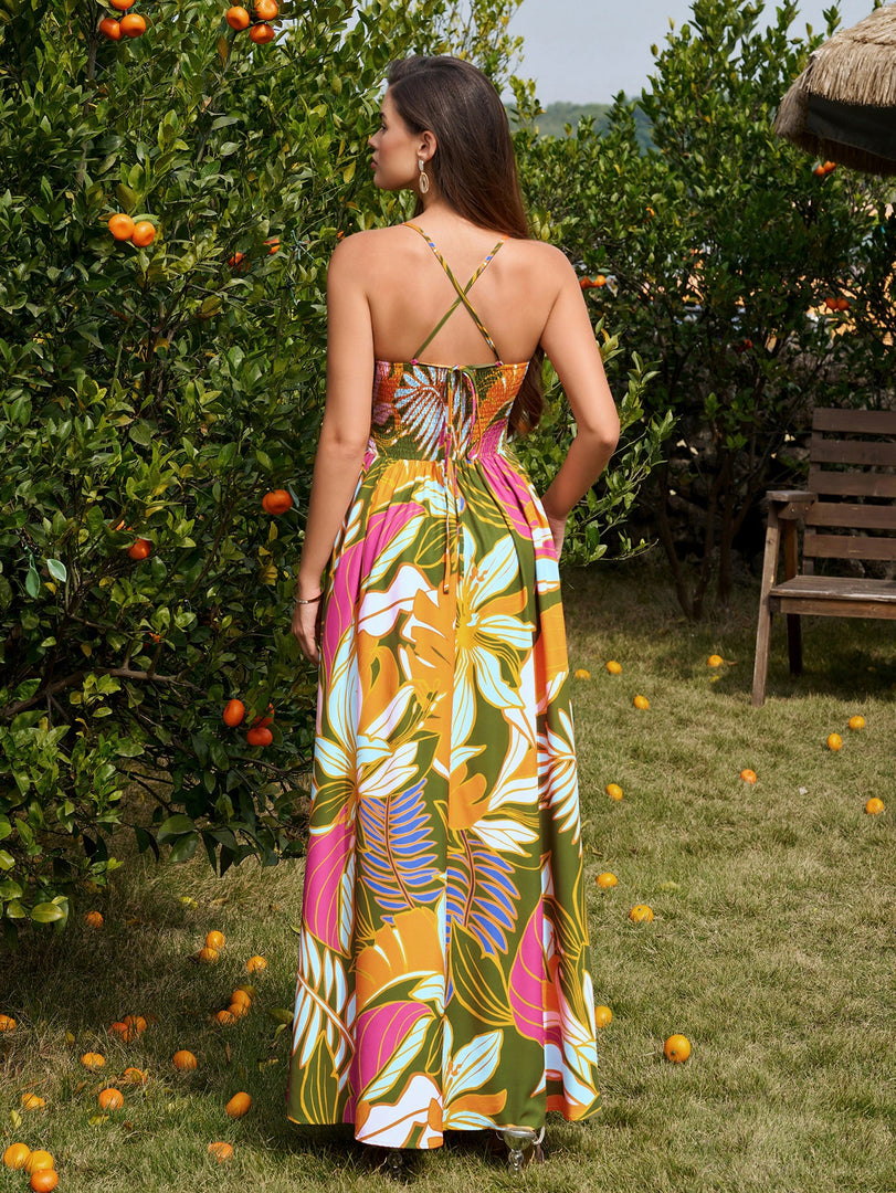 Deep V-Neck Crisscross Tie Back Floral Print Dress | Wedding Guest Dress, Vacation Dress