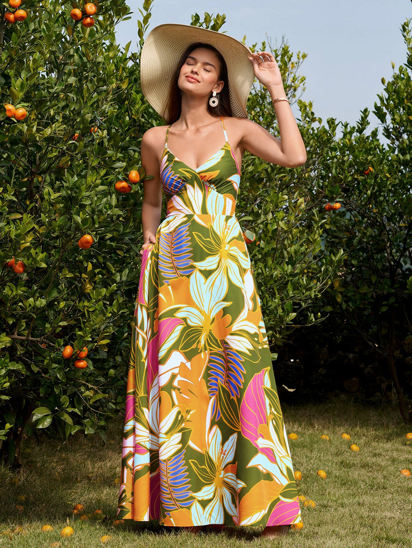 Deep V-Neck Crisscross Tie Back Floral Print Dress | Wedding Guest Dress, Vacation Dress