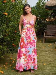 Deep V-Neck Crisscross Tie Back Floral Print Dress | Wedding Guest Dress, Vacation Dress