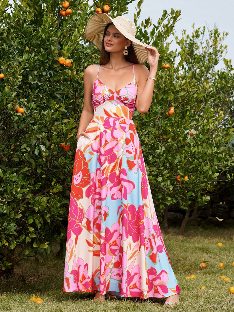 Deep V-Neck Crisscross Tie Back Floral Print Dress | Wedding Guest Dress, Vacation Dress
