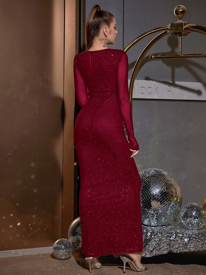 Deep V-Neck Crisscross Tie Front Glitter Bodycon Dress | Prom Dress