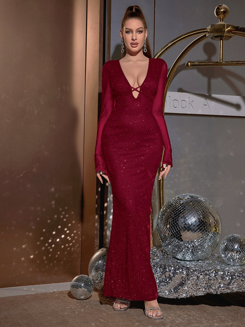 Deep V-Neck Crisscross Tie Front Glitter Bodycon Dress | Prom Dress