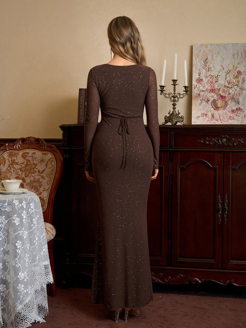 Deep V-Neck Crisscross Tie Front Glitter Bodycon Dress | Prom Dress