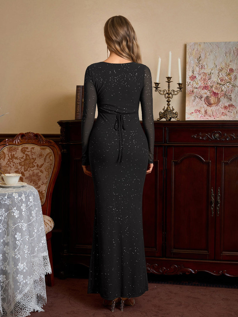 Deep V-Neck Crisscross Tie Front Glitter Bodycon Dress | Prom Dress