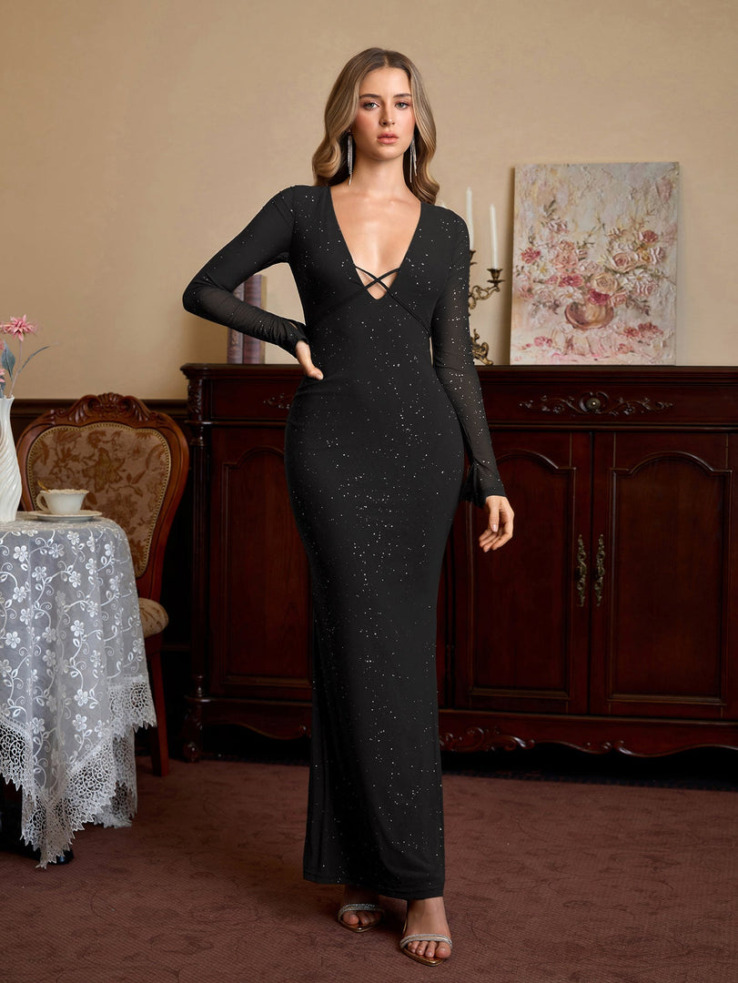 Deep V-Neck Crisscross Tie Front Glitter Bodycon Dress | Prom Dress