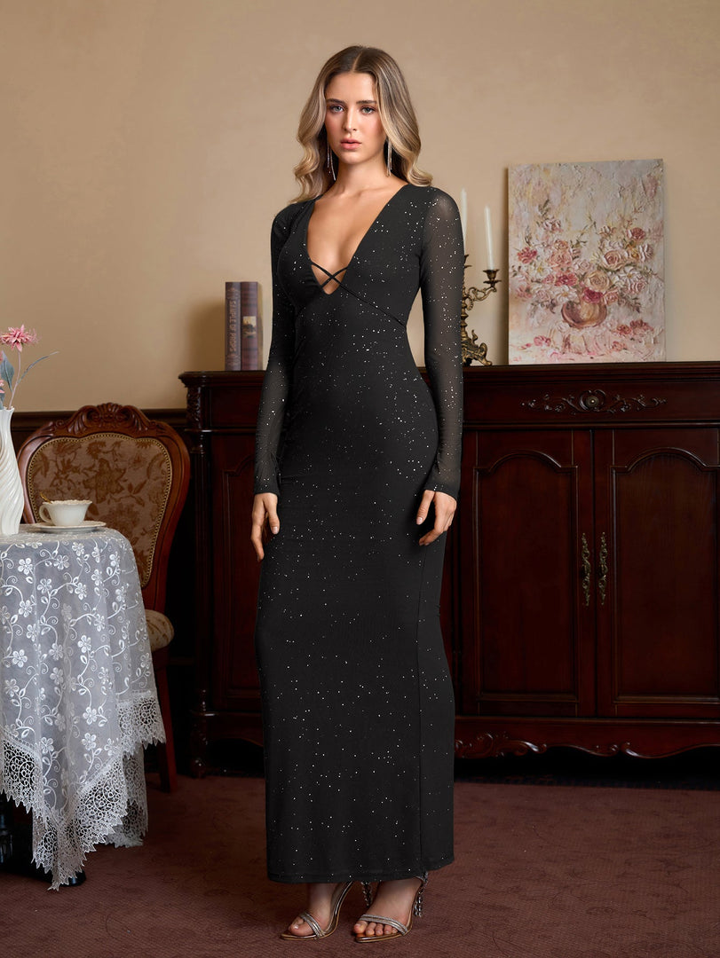 Deep V-Neck Crisscross Tie Front Glitter Bodycon Dress | Prom Dress