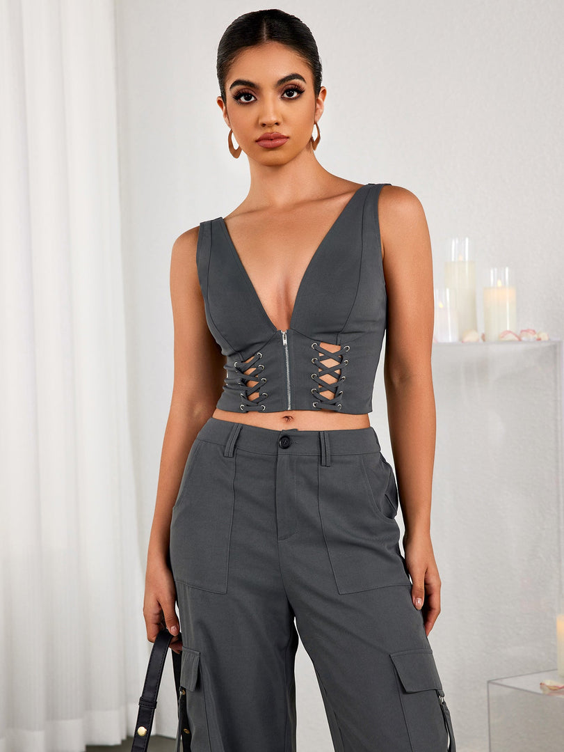 Deep V-Neck Cut Out Zipper Crop Top | Formal Event Top