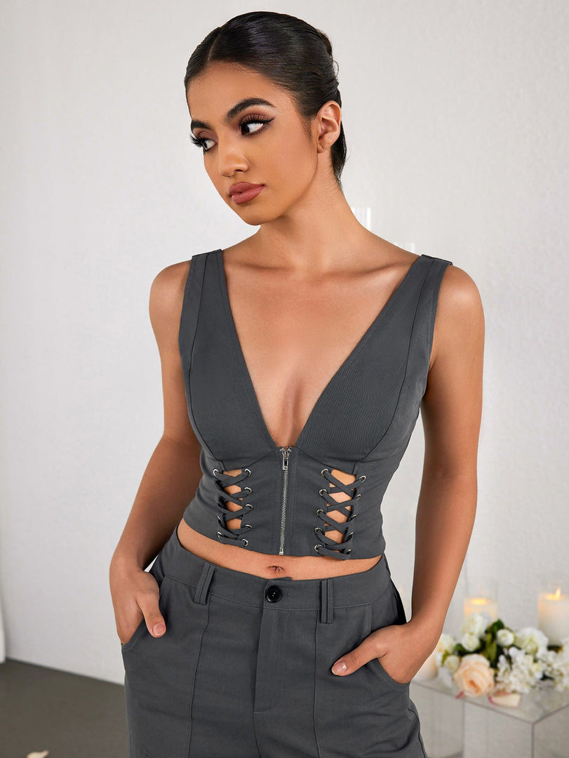 Deep V-Neck Cut Out Zipper Crop Top | Formal Event Top