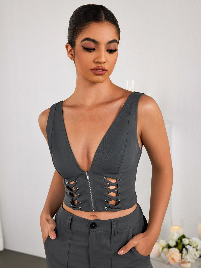 Deep V-Neck Cut Out Zipper Crop Top | Formal Event Top