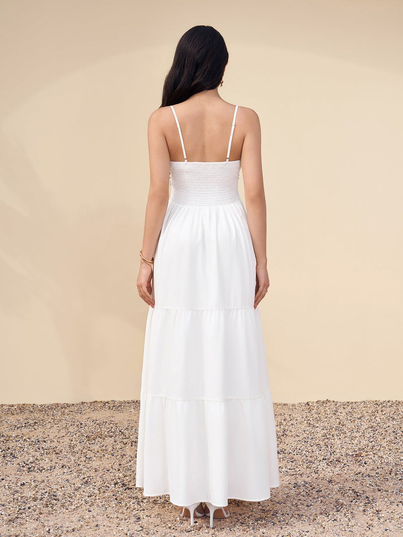 Deep V-Neck Embellished Ruched Pocket Cami Dress | Vacation Dress