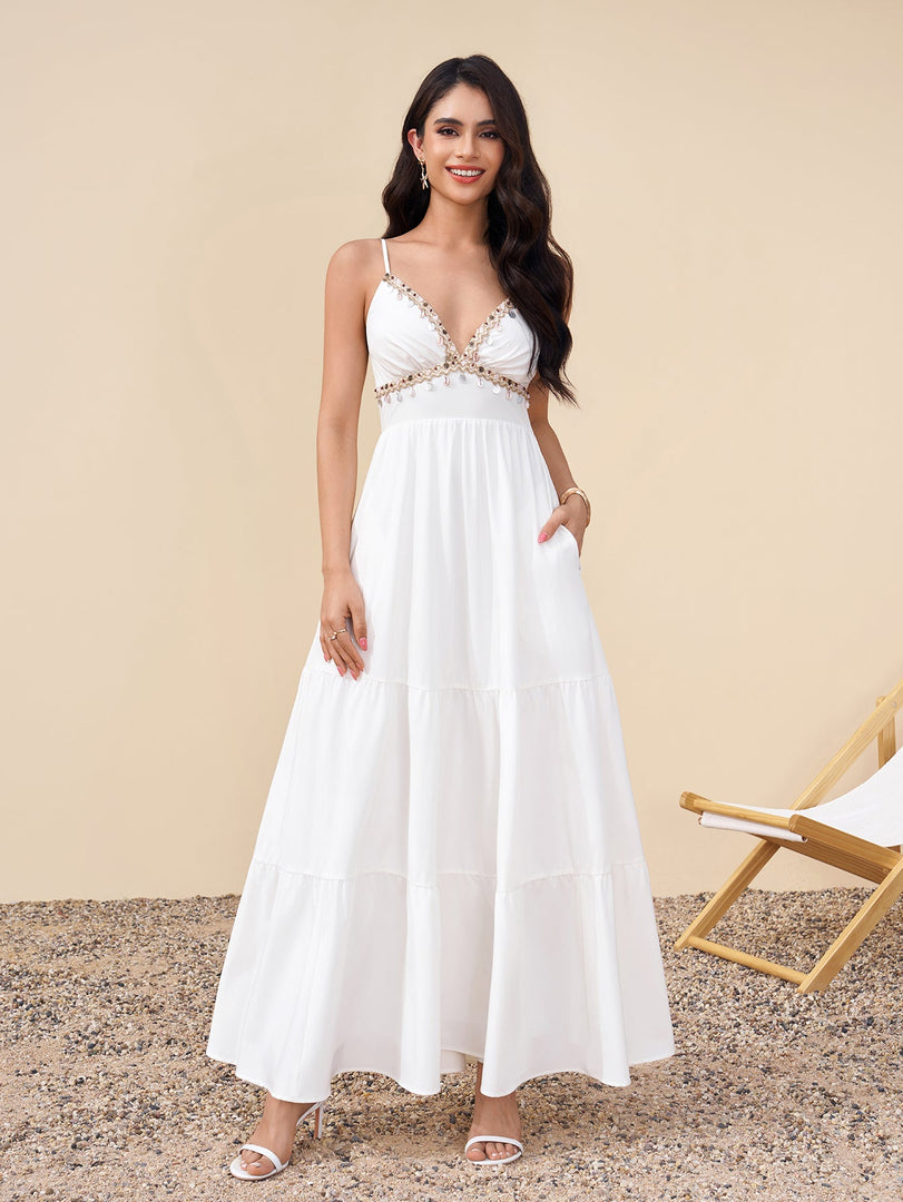 Deep V-Neck Embellished Ruched Pocket Cami Dress | Vacation Dress