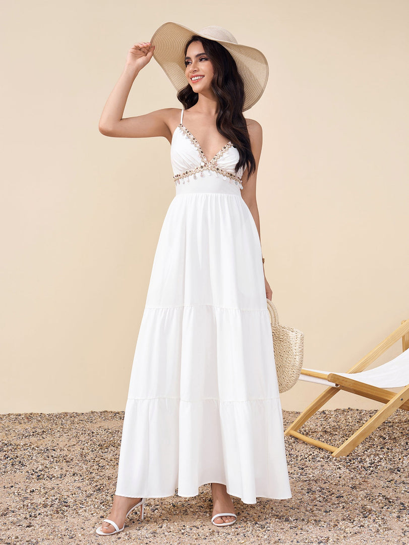 Deep V-Neck Embellished Ruched Pocket Cami Dress | Vacation Dress