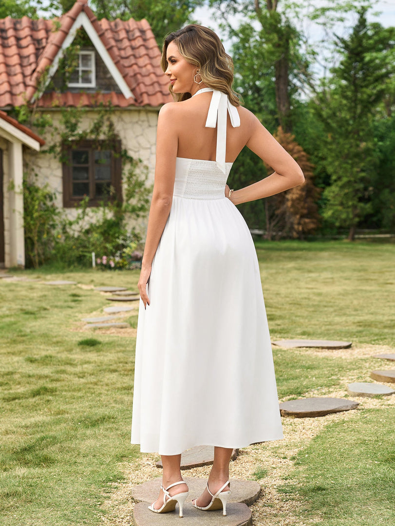 Deep V-Neck Halter Bow Decoration Backless Dress | Wedding Guest Dress