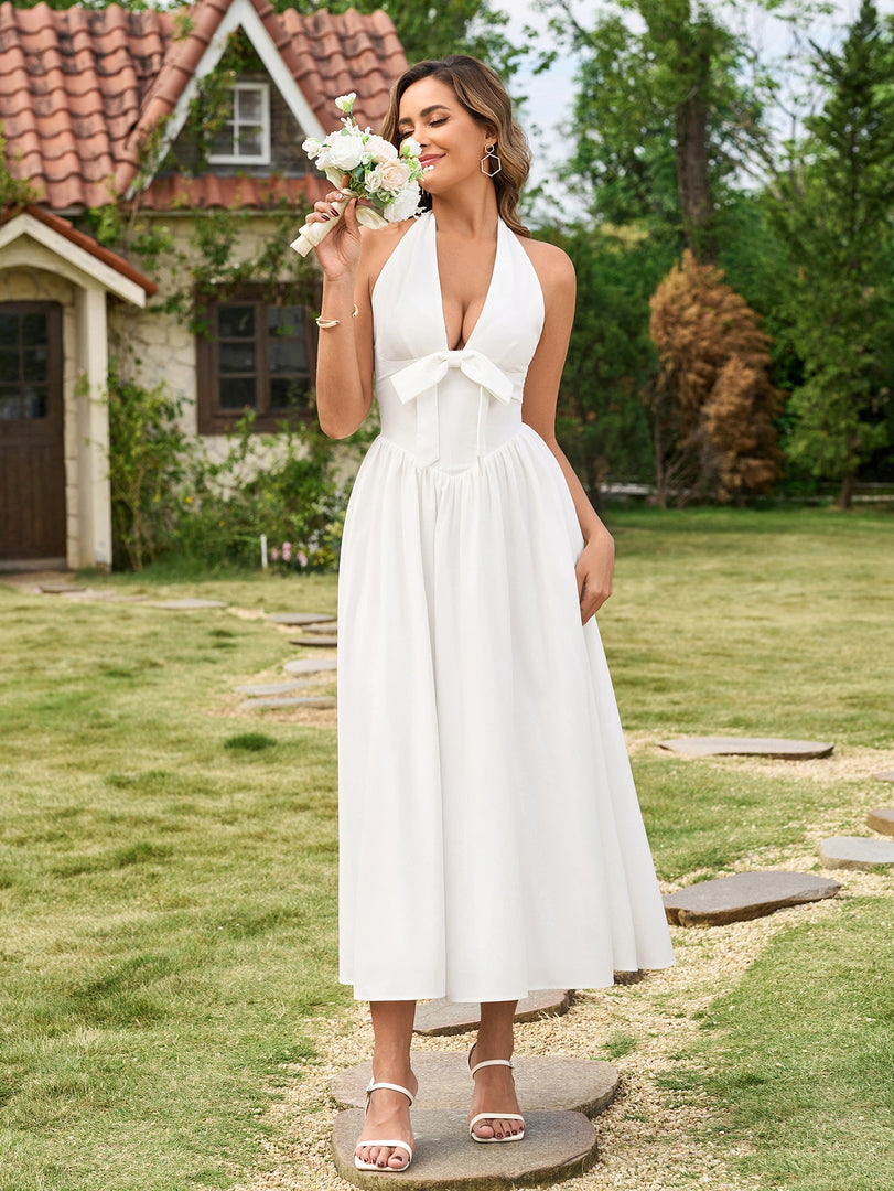 Deep V-Neck Halter Bow Decoration Backless Dress | Wedding Guest Dress