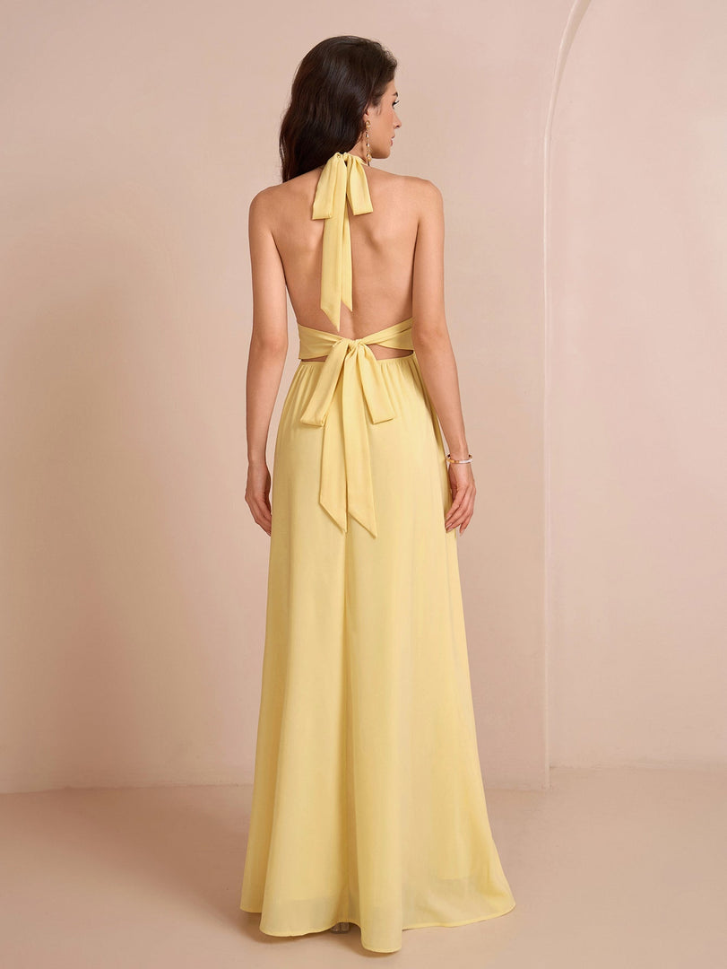 Deep V-Neck Halter Bow Tie Back Split Thigh Long Dress | Prom Dress, Formal Dress