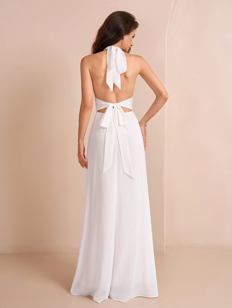 Deep V-Neck Halter Bow Tie Back Split Thigh Long Dress | Prom Dress, Formal Dress
