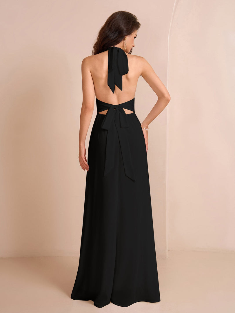 Deep V-Neck Halter Bow Tie Back Split Thigh Long Dress | Prom Dress, Formal Dress