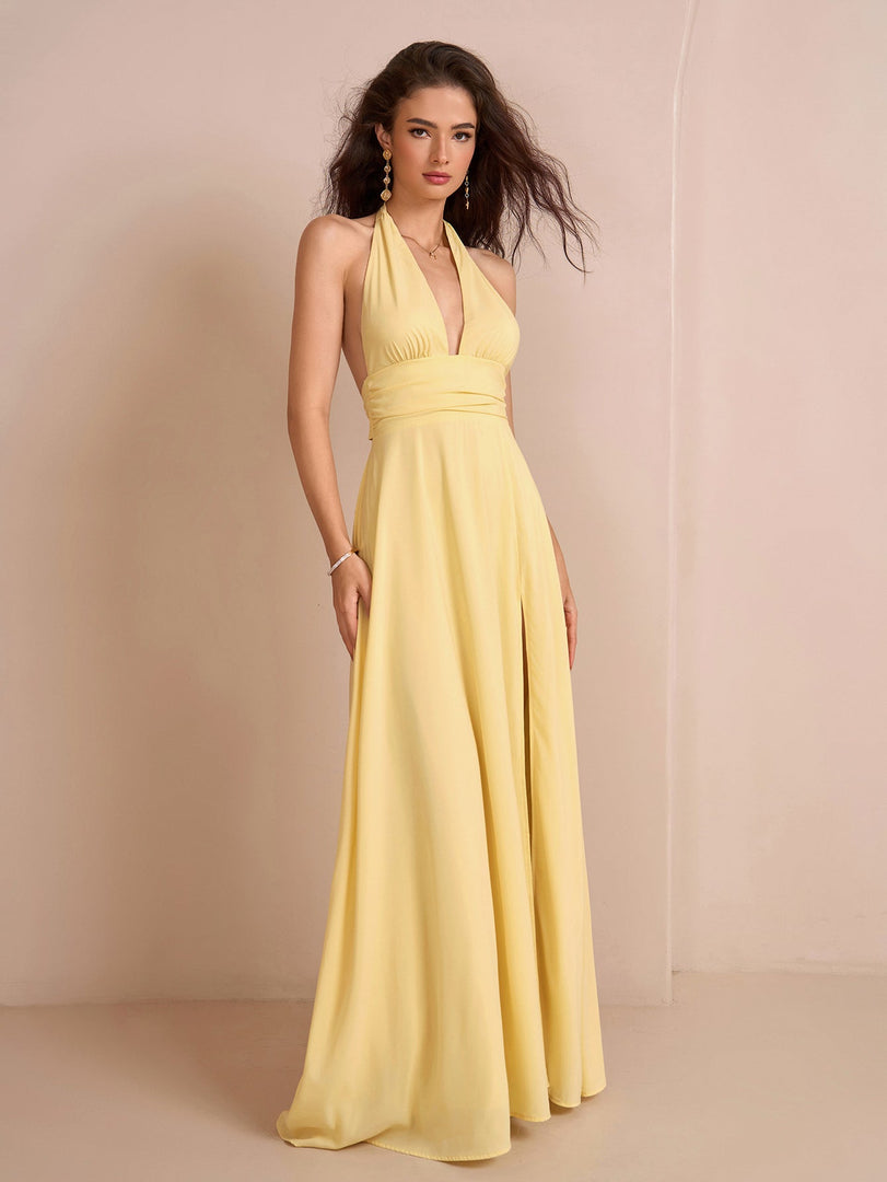 Deep V-Neck Halter Bow Tie Back Split Thigh Long Dress | Prom Dress, Formal Dress