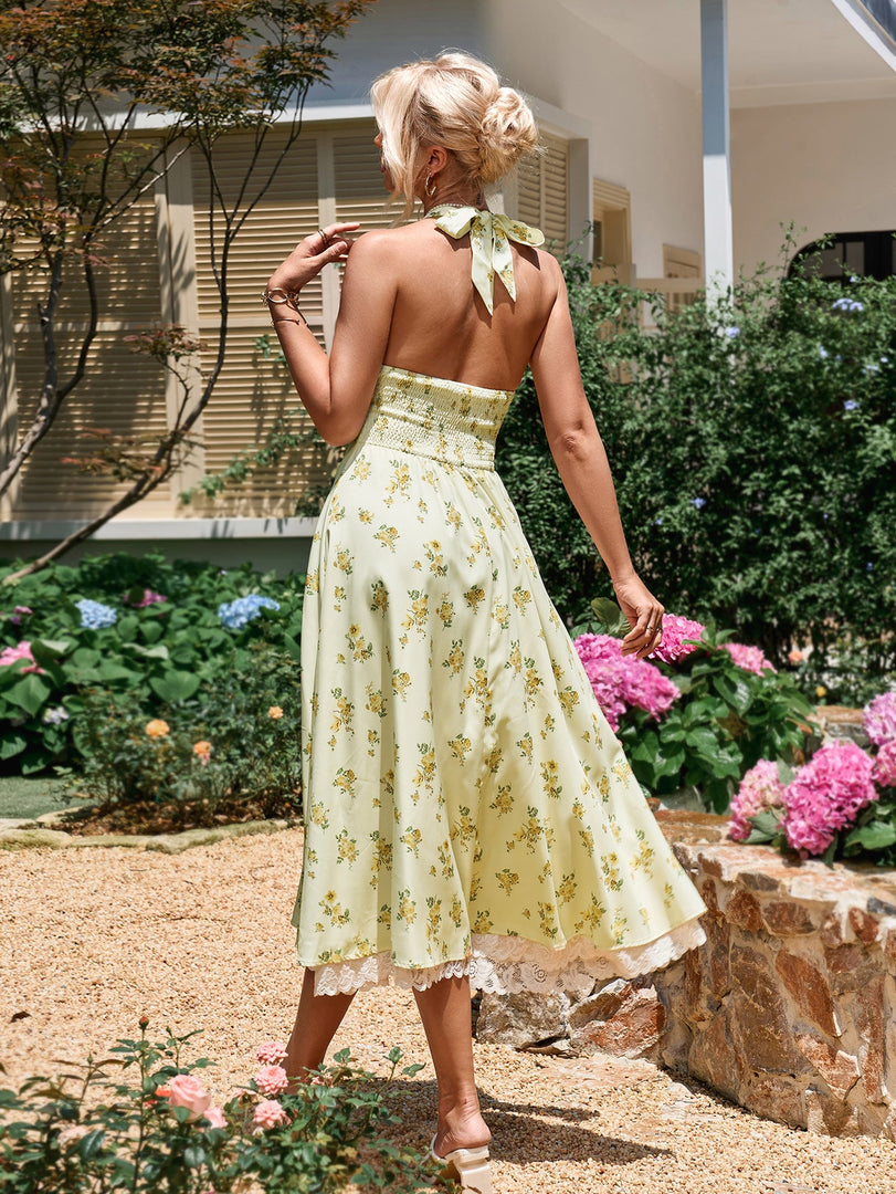 Deep V-Neck Halter Lace Spliced Floral Dress | Wedding Guest Dress, Vacation Dress