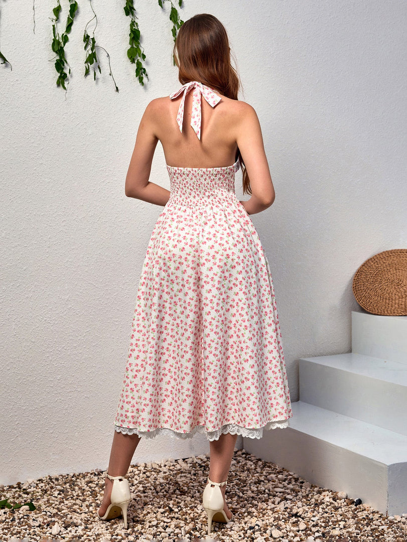 Deep V-Neck Halter Lace Spliced Floral Dress | Wedding Guest Dress, Vacation Dress